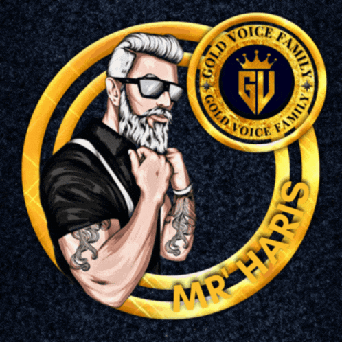 a man with a beard is surrounded by a gold circle that says " gold voice family "