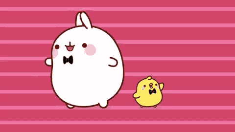 a white rabbit and a yellow chicken are dancing together on a pink background .