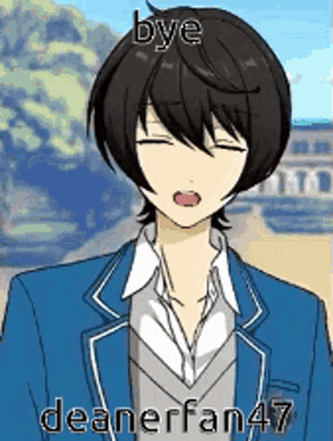 a cartoon of a boy in a suit with his eyes closed saying bye