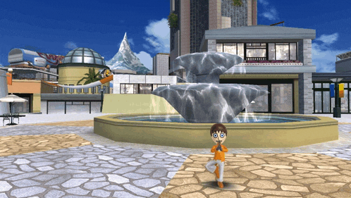 a cartoon character is standing in front of a fountain in a plaza
