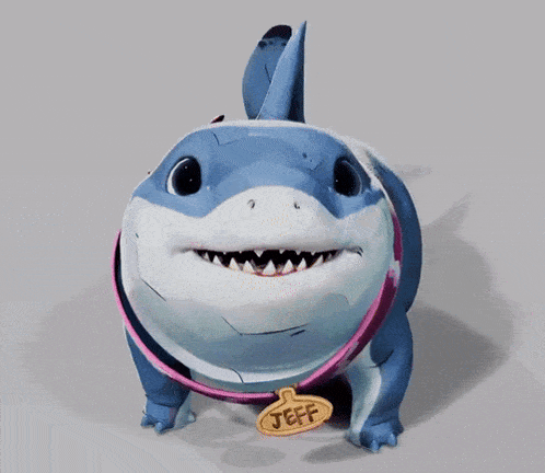 a blue and white shark with a tag that says jeff