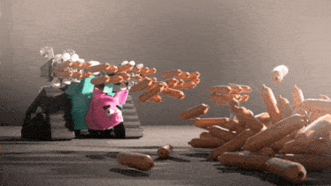 a bunch of sausages are being thrown at a toy