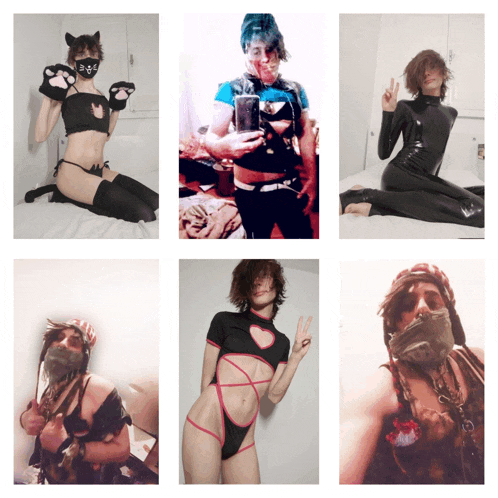 a collage of images of a person in a cat outfit