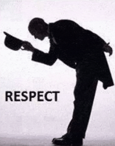 a silhouette of a man in a tuxedo holding a top hat with the word respect below him .
