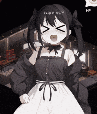 a girl in a black and white dress is making a funny face with her eyes closed