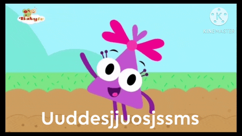 a cartoon of a purple triangle with a pink flower on her head and the words " uuddesijuosjssms " below it