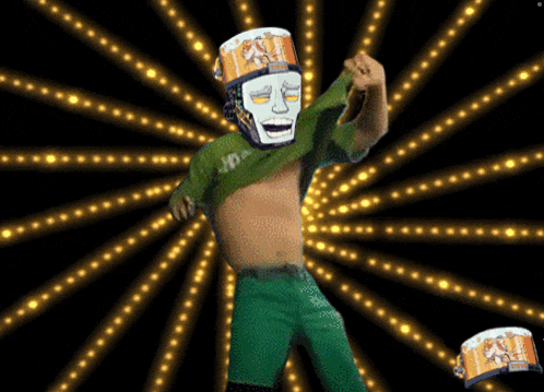 a man with a mask on his head is dancing with a drum that says jd on it