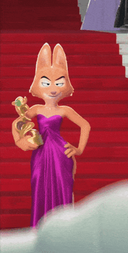 a cartoon of a woman in a purple dress holding a golden globe