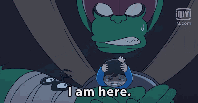 a cartoon character says " i am here " in front of a iq.com logo