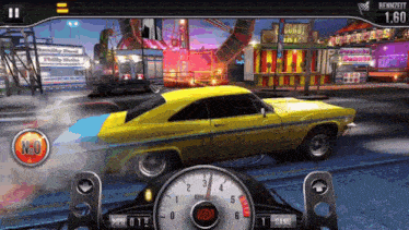 a yellow car is driving down a street in a video game with a speedometer that says rpm on it