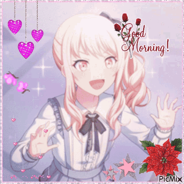 a picture of a girl with the words " good morning " on it