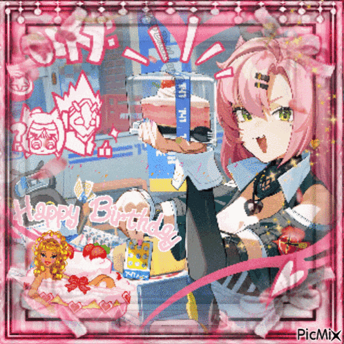 a picture of a girl with a cake and the words happy birthday on it