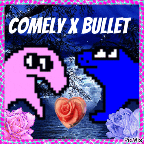a pink ghost and a blue ghost with the words comely x bullet on the bottom