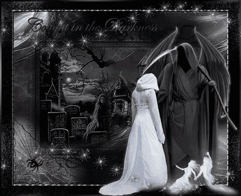 a grim reaper standing next to a woman in a white dress with the words " brought in the darkness " on the bottom