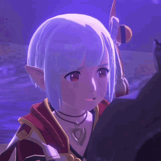 a girl with white hair and red eyes is wearing a heart shaped necklace