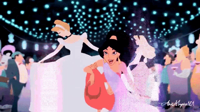 a cartoon of cinderella and jasmine dancing with the number 101 written on the bottom