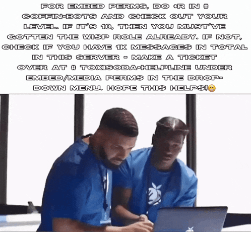 two men are looking at a laptop with a caption that says for embed perms