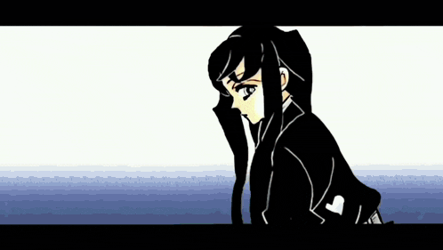 a black and white cartoon of a girl with long hair standing in front of a blue background .