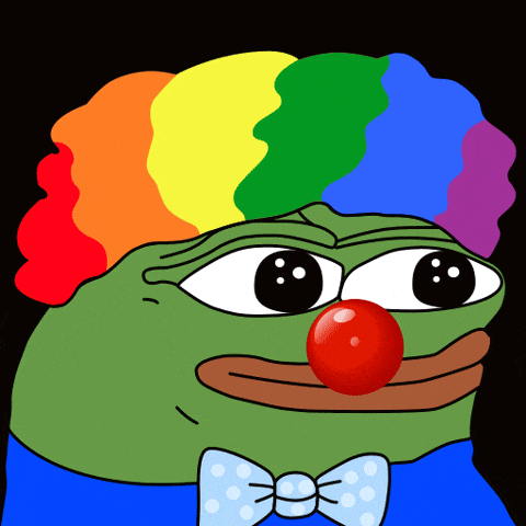 a green frog with a red nose and a rainbow wig