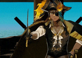 a cartoon of a pirate holding a sword in front of the ocean