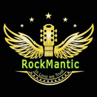 a guitar with wings and the words rockmantic in love we trust