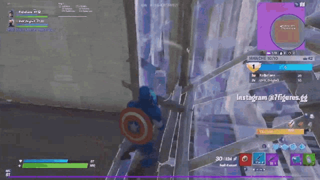 a screenshot of a video game shows captain america holding a shield and a gun