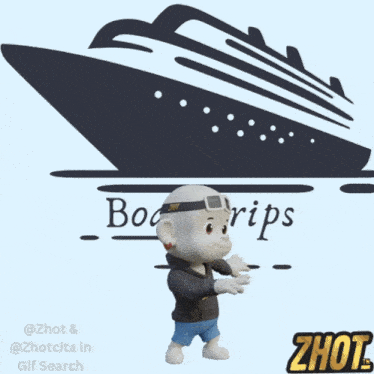a cartoon character wearing a zhot shirt is standing in front of a boat
