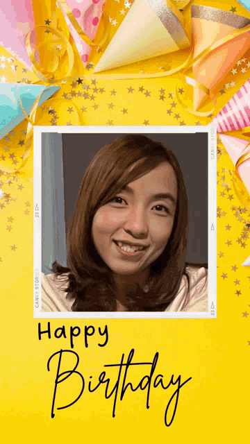 a happy birthday card with a picture of a woman on it