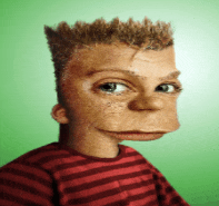 a close up of a cartoon character with a striped shirt on