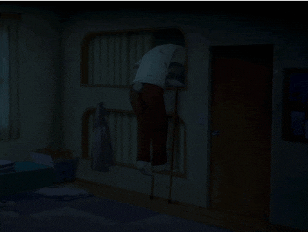 a man standing in a dark room with crutches