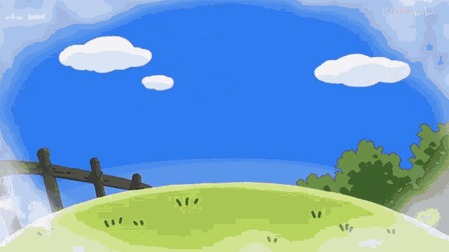 a cartoon drawing of a grassy hill with a fence and clouds