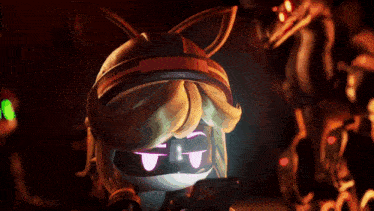 a cartoon character is looking at a cell phone with a purple light coming out of her eyes