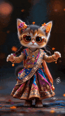 a kitten wearing a dress and sunglasses is standing on the floor .