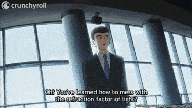 a man in a suit and tie is standing in front of a window with crunchyroll written in the corner