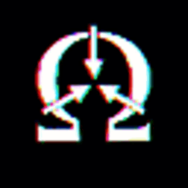 a glitch effect of a omega symbol with arrows pointing in opposite directions .