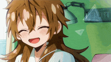 a girl with brown hair is smiling in front of a triangle and a lamp