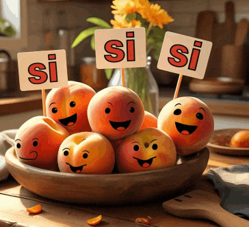 a bowl of peaches with smiley faces on them and signs that say si si si