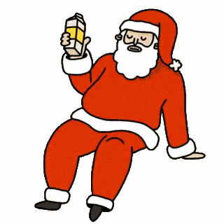a cartoon of santa claus sitting on the ground holding a box of milk .