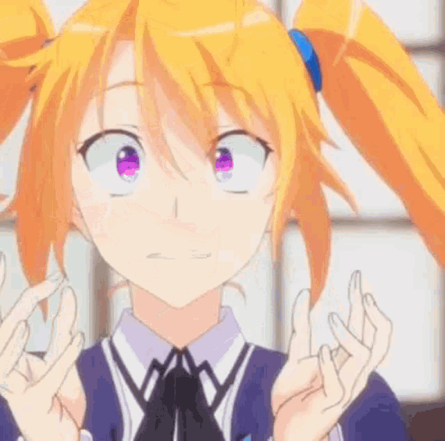 a close up of a yellow haired anime girl with purple eyes and pigtails .