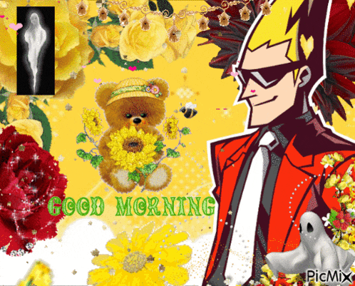 a picture of a teddy bear and flowers with the words good morning in green
