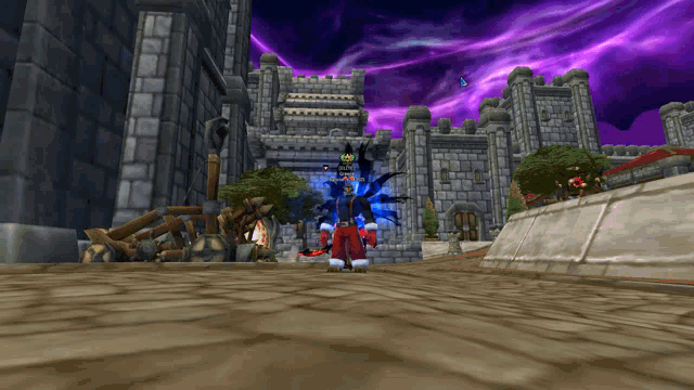a computer generated image of a castle with a purple sky