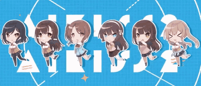 a group of anime girls standing next to each other with the letters rr behind them