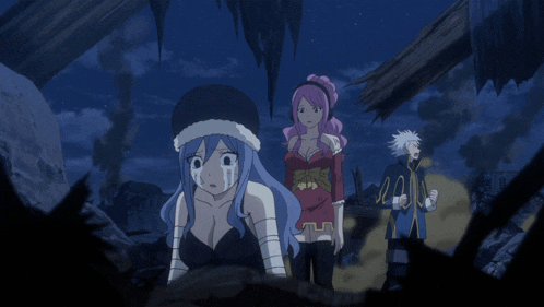 a group of anime characters are standing in a dark room