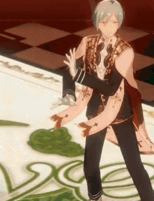 a man in a suit is dancing on a checkered floor with the letter l on it