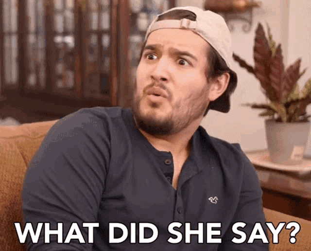 a man sitting on a couch with the words " what did she say " written on the screen