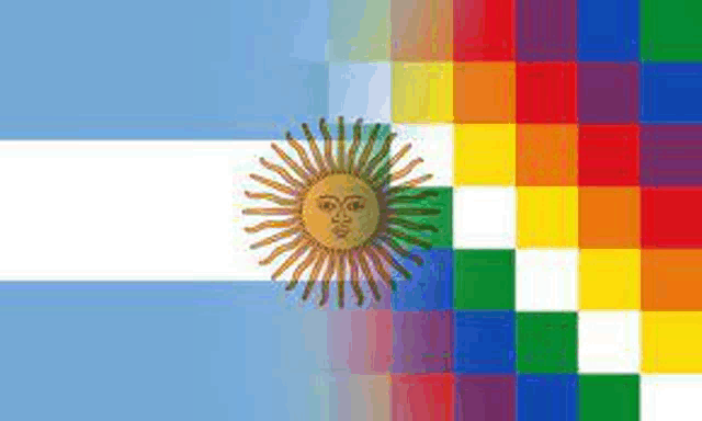 the flag of argentina has a sun on it and a rainbow checkered background .