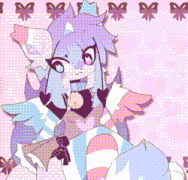 a cartoon drawing of a furry girl with wings and a bow on her neck .