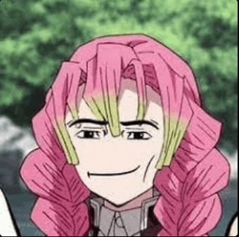 a close up of a cartoon character with pink hair and a beard .
