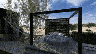 a computer generated image of a patio area with a pergola and trees in the background