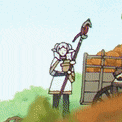 a cartoon character is standing in front of a wagon holding a sword .